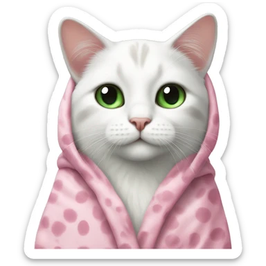A white cat with big black spots and green eyes in a pink robe sticker