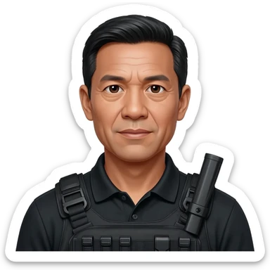 Filipino man black polo shirt and black fatigue combat pants with holster belt sticker