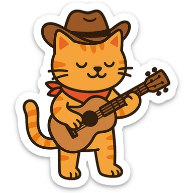 flat toon orange cowboy cat strumming an acoustic guitar  sticker
