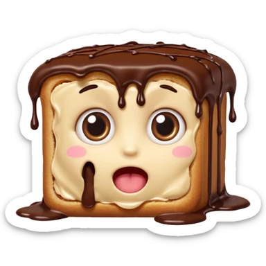 Rectangular chocolate mini pastry, slightly messy and squished, chocolate dripping, big round eyes, wide open mouth, playful surprised expression, text above: "ПАСТИЧКА", chibi style, Twitch emoji style, transparent background, colorful

 sticker