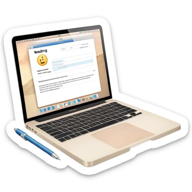 MacBook with booking app open beside vintage paper notebook and pen sticker