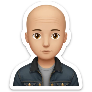 a young man with bald head, black jeans jacket, plain forehead sticker