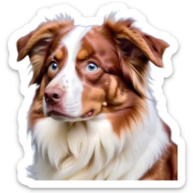 Cinematic Meme-Worthy Grumpy Predominantly White Red Merle Australian Shepherd Portrait Emoji, Head held high but eyes filled with dramatic disappointment, predominantly white fur with red merle markings, deeply furrowed brow forming an unmistakable scowl, floppy ears slightly angled back in disapproval, piercing blue eyes glaring with pure exasperation, Simplified yet hilariously over-exaggerated features, highly detailed, glowing with an aura of supreme annoyance, high shine, exhausted yet judgmental, stylized with an almost regal pettiness, bright but brooding, soft glowing outline, capturing the essence of a pup that has seen it all and is thoroughly unimpressed, so meme-worthy it feels like it could instantly become the next viral sensation of grumpiness! sticker
