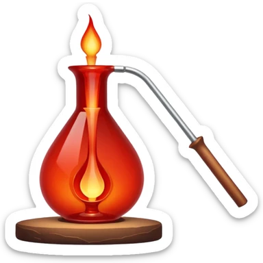 Glassblowing and casting icon, molten glass being shaped into a delicate object with a blowpipe, glowing red-hot glass being poured into a mold, unfinished glass sculpture, minimalistic style, clean lines, transparent background. sticker