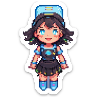 pixel art of a battery girl character, cheerful and energetic, feminine features, bright colors sticker