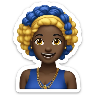 1 laughing Black Girl with straight royal  blue hair with yellow gold and royal blue dress sticker