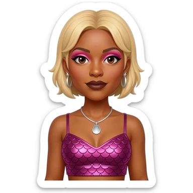 Tionne T-Boz Watkins from TLC with dark brown eyes, short blonde hair, pink eyeshadow, dark brown lipstick, dark pink metallic mermaid crop top, silver necklace and earrings sticker