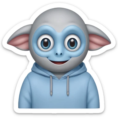 No head..it has 1 eye....stands upright ...wears clothing. is light grey and light blue..looks happy and cuddly... doesnt have a full head.... there is a appendage coming out of top of body with a single large eye sticker