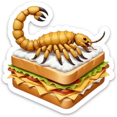 MAKE A SCORPION ON TOP OF A EHITE FLUFFY CLOUD THAT IS HOLDING A SANDWICH IN ITS CLAW AND LOOKING LIKE ITS EATING IT AND NOT ON TOP OF THE SANDWICH sticker