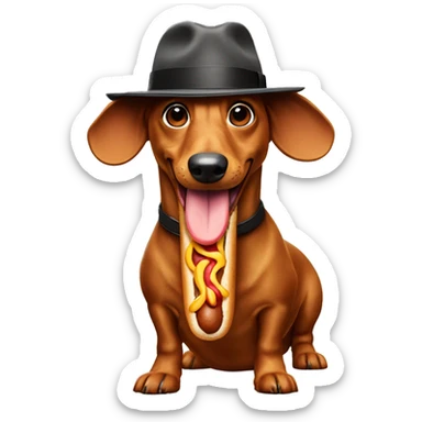 A wiener dog eating a hot dog with a fedora on sticker