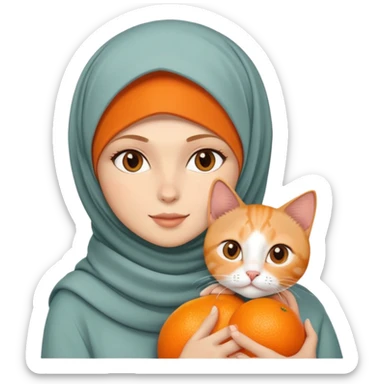 White girl wearing hijab holding orange shorthair cat sticker
