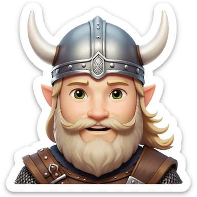 Clash of Clans aesthetic: Cinematic Playful Viking Portrait Emoji, Head tilted with a cheeky grin and twinkling eyes, featuring a compact, charming build with a modest, stylized Viking helmet and a playful beard, his face rendered in natural skin tone, Simplified yet irresistibly charming features, highly detailed, glowing with a warm, inviting radiance, high shine, spirited and lively, stylized with an air of whimsical Nordic mischief, soft glowing outline, capturing the essence of a playful Viking exuding friendly rogue charm! sticker