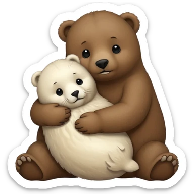 small white seal hugging a big brown bear sticker