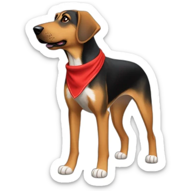 75% Coonhound 25% German Shepherd mix dog wearing small plain red bandana side view full body in profile left facing sticker