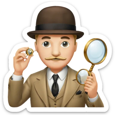 A cinematic-style frame showing Hercule Poirot in his iconic suit, with a magnifying glass, in a dramatic detective pose. Background should be dimly lit with an air of mystery, reflecting the atmosphere of a classic detective film. Transparent background. sticker
