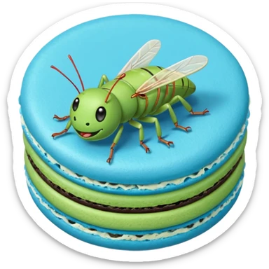 A cartoon cricket on a blue macaron sticker