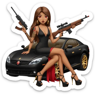 Lilith tan skin female red eyes symbol. Tattoo arms. Her hair is brown straight long hair.wearing sexy long sexy dress with slit. black stiletto thick platform high heels shoes on. Sitting on gold giant luxury car with cash inside . She is holding a sniper rifle in one hand cash in other hand sticker