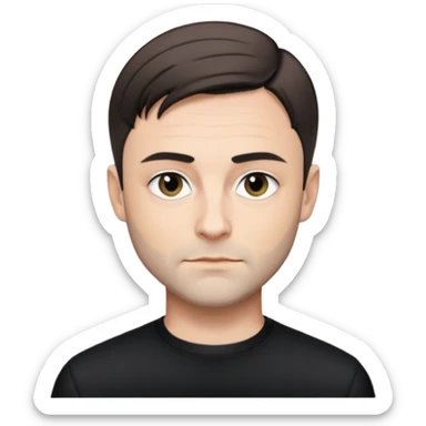 Oliver Riedel, reserved look, short hair, black clothing sticker