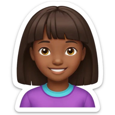 Head without neck of a 10-year-old girl with dark skin, brown hair, and bangs on her forehead. sticker