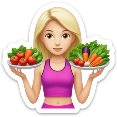 girl in sport clothes which give us the plate with vegetables sticker