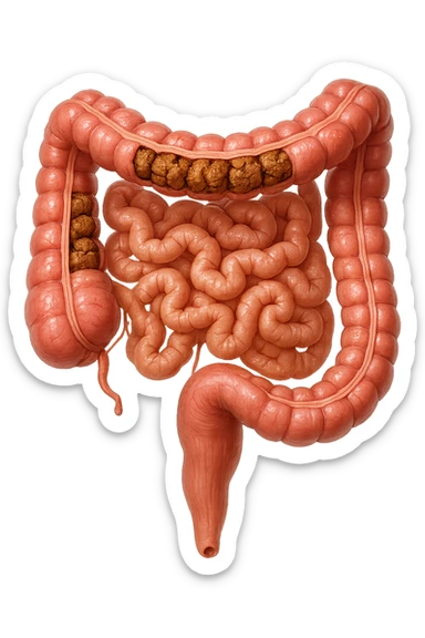 intestino umano anatomico con colon pieno di feci spezzettate, iperrealistica 4k sticker