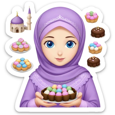 Turkish beautiful finish Konya girl blue eyes with lilac floral hijab islamic dress and had on her hand text Eid Mubarak with sweets and celebrating with her friends eid days   sticker