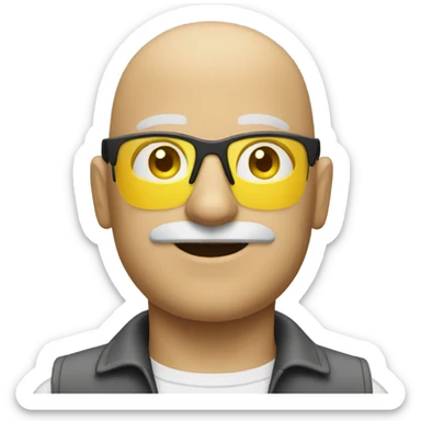 Bald man with a moustache and yellow construction glasses sticker
