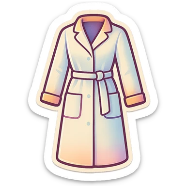 female medical coat full length, with long sleeves and belt, retro stickers style, soft rounded shapes, clean contours, pastel palette, shadows and highlights, modern illustration, transparent background sticker