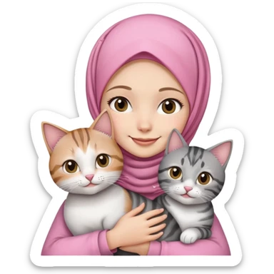 White girl wearing pink hijab with white shirt smiling while holding a black grey tabby cat sticker