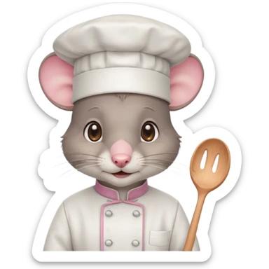 gray mouse with large round ears, brown eyes, and a small pink nose, wearing a white chef’s hat sticker