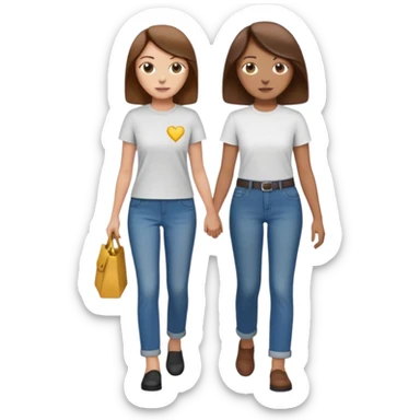 based on emoji style, two people walking together. one is brown-haired woman, wearing business casual,  Another one is a non-binary person, wearing t shirt and jeans, and the second person doesn't have anything on their hands. sticker