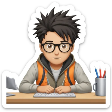 Gender: Male Hair: Messy spikes with natural black roots Face: Slightly wide nose bridge, thin glasses Clothes: Hoodie under company vest Action: Crawling under desk fixing cables sticker