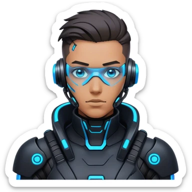 A futuristic cyberpunk soldier, black exosuit, neon blue accents sticker