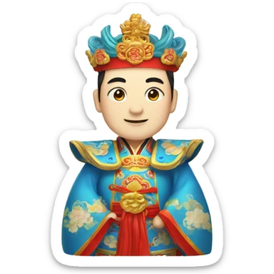 Chinese man wearing Beijing opera clothes and crown, blue sticker