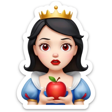 Cinematic Funny Snow White Portrait Emoji, Holding an apple with a suspicious expression, one eyebrow raised, lips pursed as if questioning her life choices, a hilariously relatable fairy tale moment! sticker