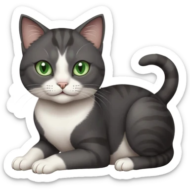 beautiful female solid dark grey cat with green eyes, white toes/paws and white patch on her chest rolling over sticker