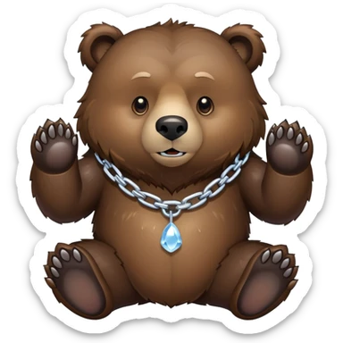 Complete view of serious grizzly bear on four paws, dark brown fur, whole body shown from head to tail, thick ice chain collar sticker