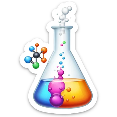 An icon featuring a chemical flask, bubbling with liquid, and an atomic structure, symbolizing chemistry. The design includes molecules, a periodic table, and laboratory equipment, representing the study of chemical reactions and elements. Transparent background highlights scientific research. sticker