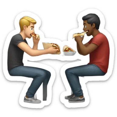 two men eating shawarma on a bench sticker