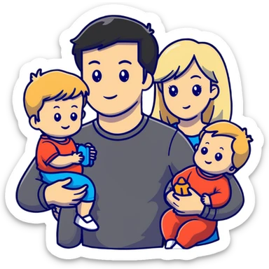 family with blond dad, brunette mom, blonde son, daughter with black hair, and a baby sticker