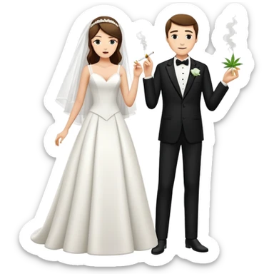 A bride in white wedding dress and groom in tuxedo, full body, smoking cannabis, side by side sticker