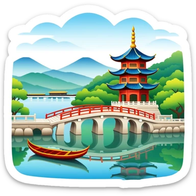 Hangzhou West Lake with traditional boat and bridge, simplified emoji style with bold outlines and bright colors, cartoon style pagoda by lake sticker