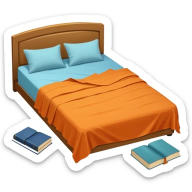 bed with a wrinkled light blue blanket, cream mattress, and one pillow out of place on the floor. Around the bed, scattered items include an orange t-shirt, greenish-blue pants, and an open book on the floor. The background is transparent sticker