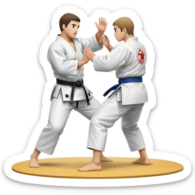 Two judo practitioners in traditional gi, one executing a powerful throw while the other is countering with a defensive move. The background features a judo mat and a focused dojo atmosphere. Transparent background highlights the precision and technique of judo. sticker
