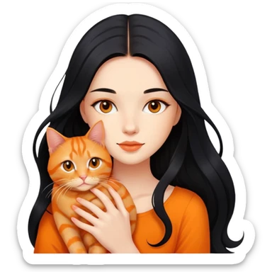 beautiful girl with long flowing black hair holding an orange ginger cat sticker
