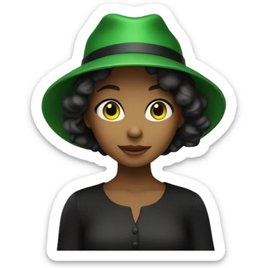 girl in black dress doorway with green hat sticker