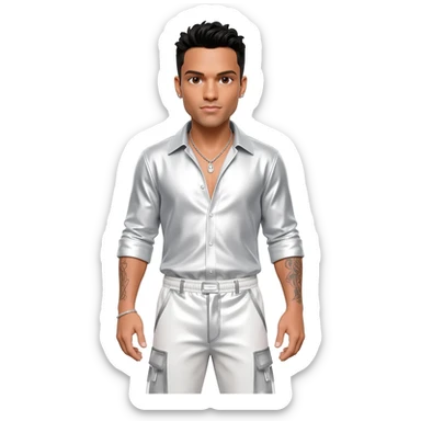 AJ McLean from Backstreet Boys with brown eyes, black hair, white metallic shirt, white metallic baggy pants, silver necklace sticker