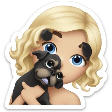 Girl with wavy blonde hair and blue eyes kissing a black pug sticker