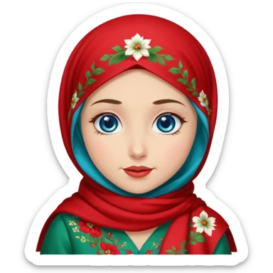 Turkish beautiful finish Konya girl blue eyes with red floral hijab and green red dress and she winked  sticker
