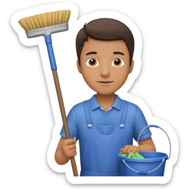 man in cleaning clothes, holding a broom and a bucket sticker